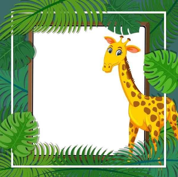 Tropische Blätter Banner Vorlage Mit Einer Giraffe Zeichentrickfigur Illustration — Stockvektor