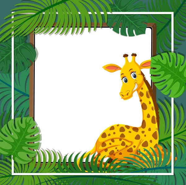 Tropische Blätter Banner Vorlage Mit Einer Giraffe Zeichentrickfigur Illustration — Stockvektor