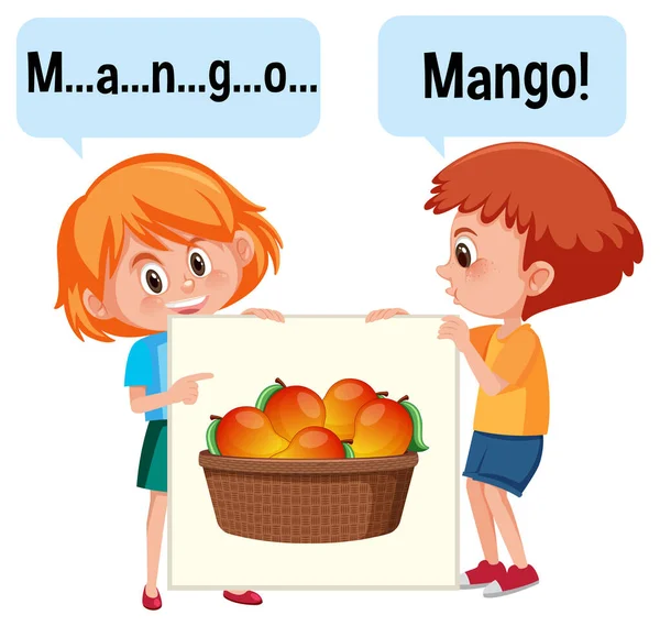 Cartoon Personaggio Due Bambini Ortografia Frutta Vocabolario Illustrazione — Vettoriale Stock