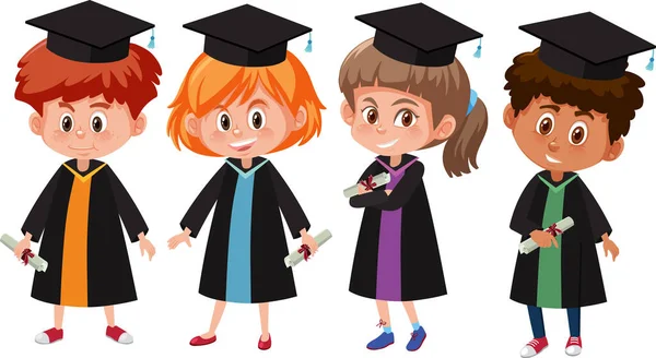 Conjunto Diferentes Niños Con Trajes Graduación Ilustración — Archivo Imágenes Vectoriales