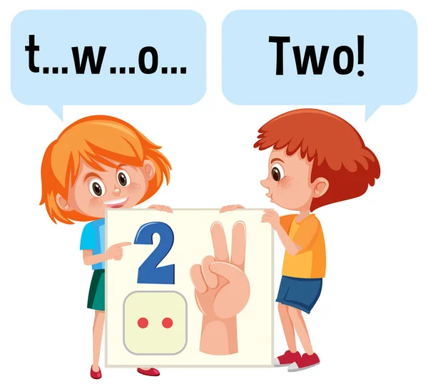 Personaggio Cartone Animato Due Bambini Ortografia Illustrazione Numero Due — Vettoriale Stock