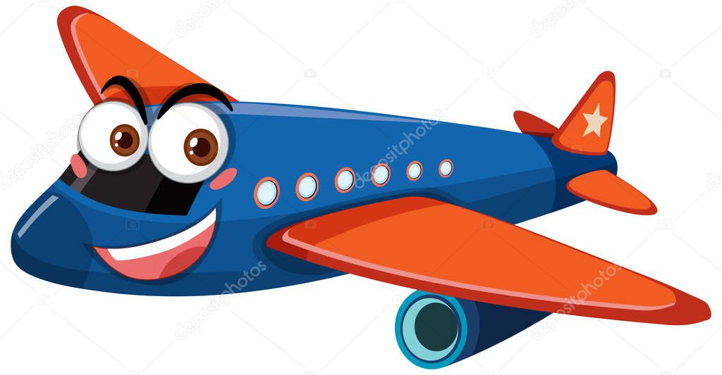 Airplane with face expression cartoon character on white background illustration
