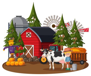 Beyaz arkaplanda bir çiftçi ve çiftlik hayvanları olan çiftlik evi.