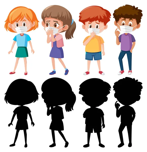 シルエットイラストの仮面漫画のキャラクターを身に着けている異なる子供のセット — ストックベクタ