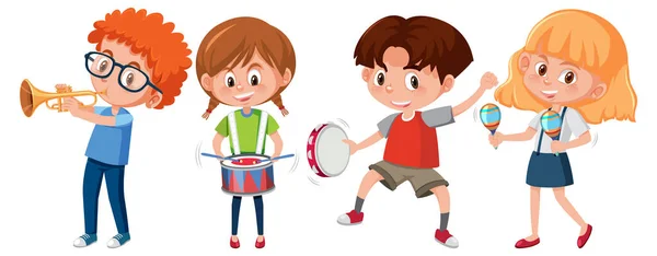 Conjunto Diferentes Niños Tocando Instrumentos Musicales Ilustración — Vector de stock