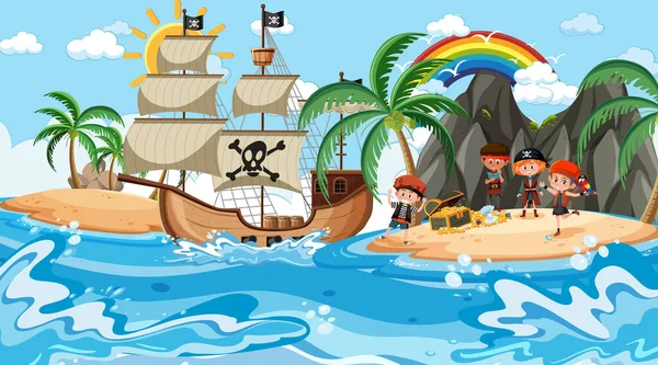 Treasure Island Cena Durante Dia Com Crianças Piratas Ilustração — Vetor de Stock