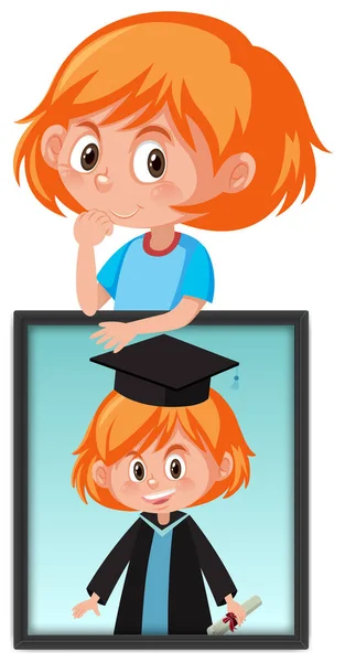 Personaje Dibujos Animados Una Niña Sosteniendo Retrato Graduación Foto Ilustración — Archivo Imágenes Vectoriales