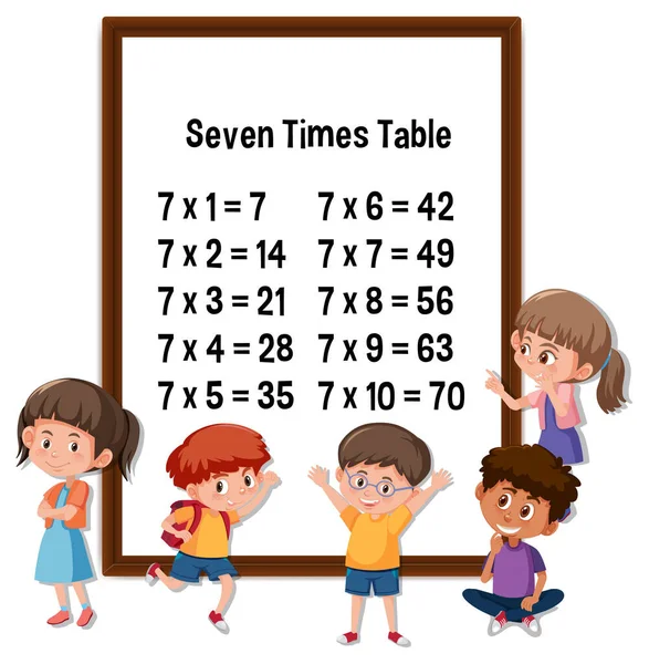 Seven Times Table Mit Vielen Zeichentrickfiguren Für Kinder — Stockvektor