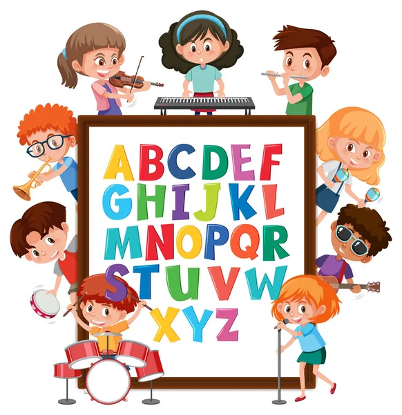 Tableau Alphabet Avec Nombreux Enfants Faisant Différentes Activités Illustration — Image vectorielle