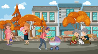 Parktaki illüstrasyonda insanlarla gündüz vakti park et.