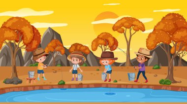 Gün batımı sahnesine park et. Gölde balık tutan bir sürü çocuk var.