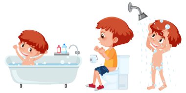 Bir erkek çizgi film karakteri farklı aktiviteler çiziyor.