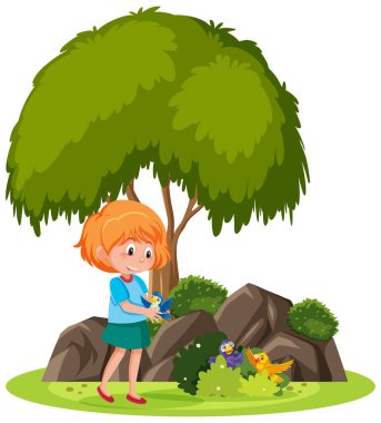 Birçok kuşla oynayan bir kızla izole bir sahne.