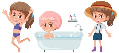 Farklı aktivitelerde bulunan bir kızın çizgi film karakteri.