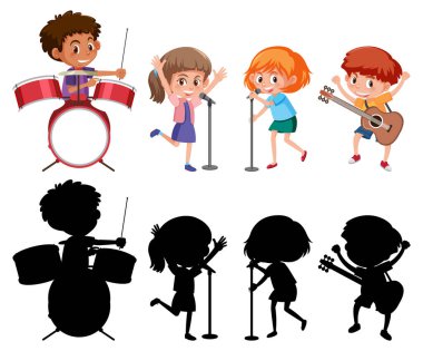 Siluet çizimi ile müzik enstrümanları çalan bir grup çocuk.