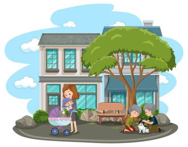 Anne bebeğini ve yaşlı bir çifti parkta yalnız bir şekilde tutuyor.
