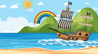 Gündüz vakti Korsan gemisiyle okyanus karikatür stili illüstrasyonunda