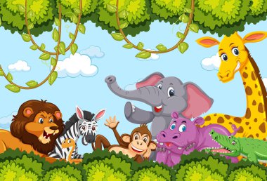 Orman çerçevesi çiziminde vahşi hayvanlar grubu