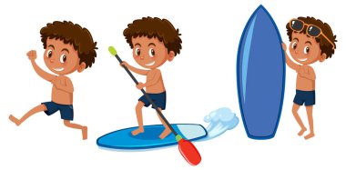 Bir erkek çizgi film karakteri farklı aktiviteler çiziyor.