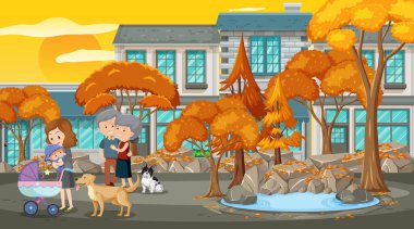 Gün batımı illüstrasyonunda parktaki birçok kişi