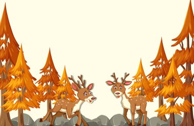 Geyik çizgi film karakteri sonbahar orman sahnesi illüstrasyonunda