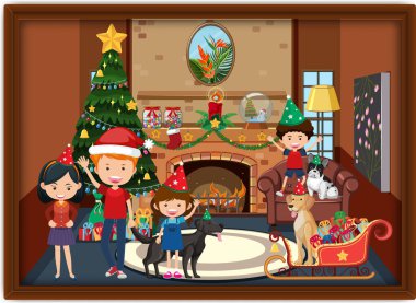 Noel temalı resimde mutlu bir aile resmi