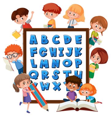 A-Z Alfabe tahtası ve birçok çocuk farklı aktivite çizimleri yapıyor.