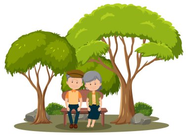 Parkta oturan yaşlı çift, izole bir illüstrasyon yaptı.