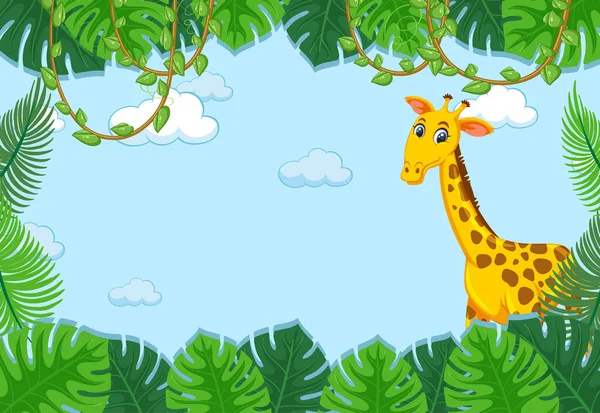 Giraffe Cartoon Figur Mit Tropischen Blättern Rahmen Illustration — Stockvektor