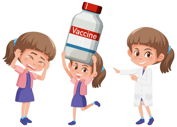 Set Girl Holding Different Objects Vaccine Concept Illustration — ストックベクタ