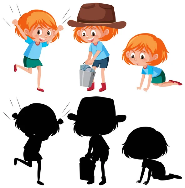Personaje Dibujos Animados Una Chica Haciendo Diferentes Actividades Con Ilustración — Archivo Imágenes Vectoriales
