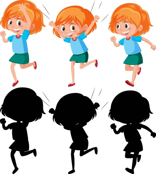 Personagem Desenhos Animados Uma Menina Fazendo Diferentes Atividades Com Silhueta — Vetor de Stock