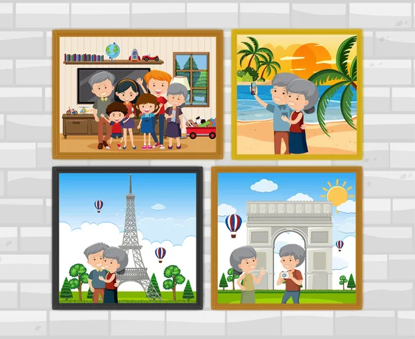 Familie Fotolijsten Opknoping Muur Illustratie — Stockvector