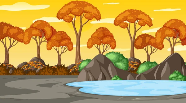 Escena Otoño Atardecer Con Muchos Árboles Otoño Ilustración — Vector de stock