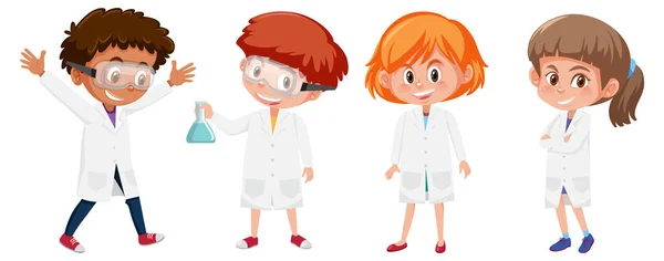 Set Van Verschillende Kinderen Met Witte Laboratoriumjurk Illustratie — Stockvector