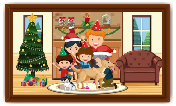 Glückliche Familie Weihnachtskostüm Der Wohnzimmer Szene Foto Einem Rahmen Illustration — Stockvektor