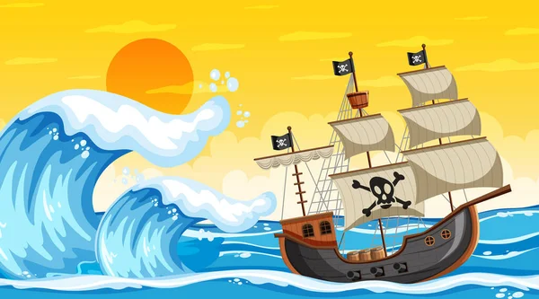 Karikatür Stili Illüstrasyonda Korsan Gemisiyle Gün Batımında Okyanus Sahnesi — Stok Vektör