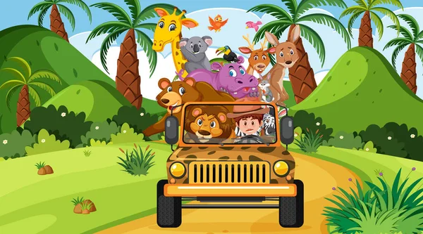 Safari Cena Com Animais Selvagens Carro Jipe Ilustração — Vetor de Stock