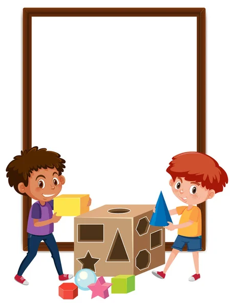 Empty Banner Two Kids Playing Shape Elements Illustration — Stock Vector