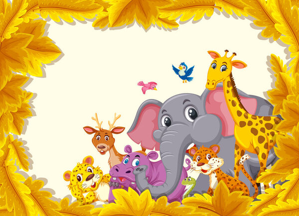 Yellow leaves banner template with wild animals illustration