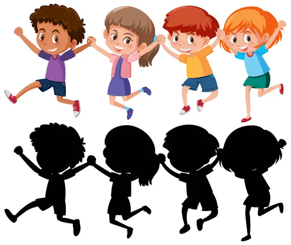 Conjunto Diferentes Personajes Dibujos Animados Niños Felices Con Ilustración Silueta — Vector de stock