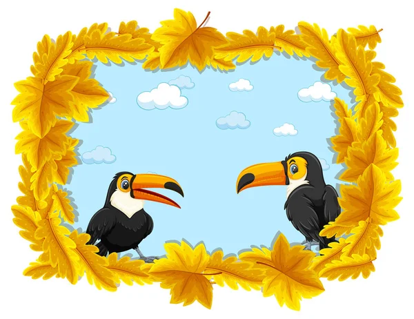 Gelbe Blätter Banner Vorlage Mit Tukan Zeichentrickfigur Illustration — Stockvektor