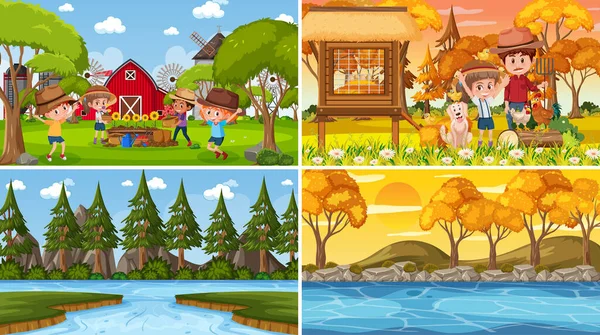 Quatro Cenas Diferentes Com Crianças Desenho Animado Personagem Ilustração —  Vetores de Stock