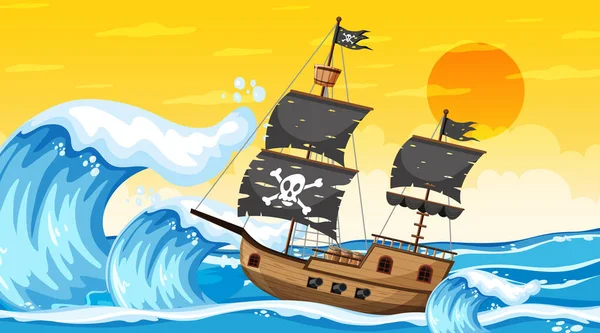 Ocean Pirate Statku Zachodzie Słońca Sceny Stylu Kreskówki Ilustracja — Wektor stockowy