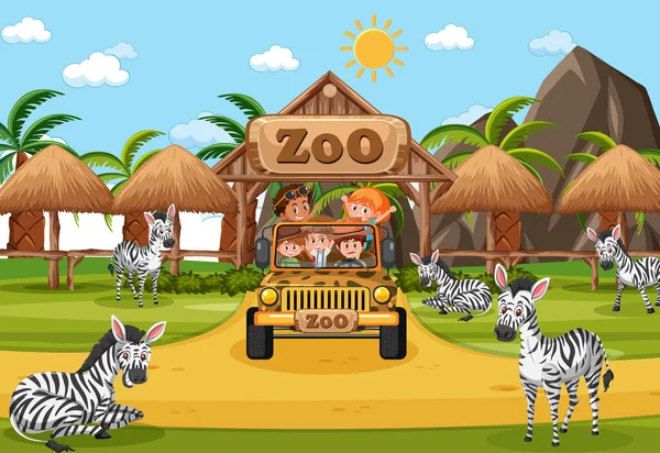 Scène Safari Avec Des Enfants Voiture Tourisme Regardant Illustration Groupe — Image vectorielle