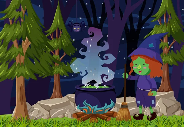夜の森の風景と魔女のつづりのポーションポットイラスト — ストックベクタ