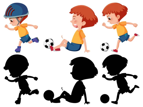 Conjunto Personaje Dibujos Animados Niño Haciendo Diferentes Actividades Con Silueta — Archivo Imágenes Vectoriales