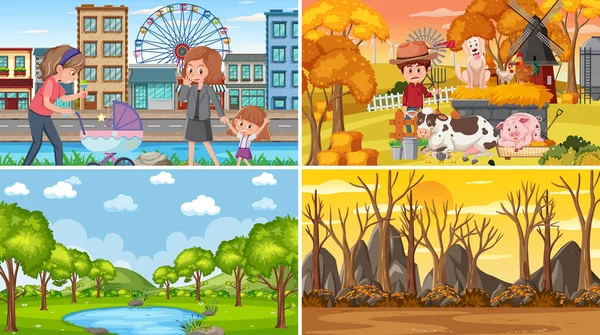 Quatro Cenas Diferentes Com Crianças Desenho Animado Personagem Ilustração —  Vetores de Stock