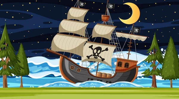 Ocean Pirate Ship Night Scene Cartoon Style Illustration - Stok Vektor