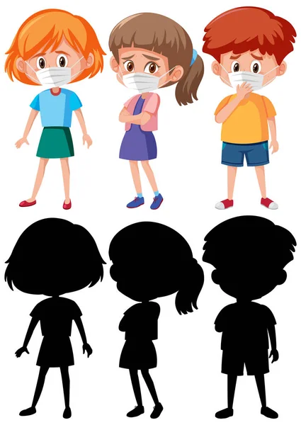 シルエットイラストの仮面漫画のキャラクターを身に着けている異なる子供のセット — ストックベクタ